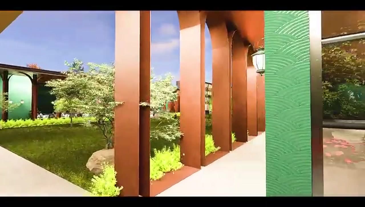 Arched colonnade surrounding garden courtyard